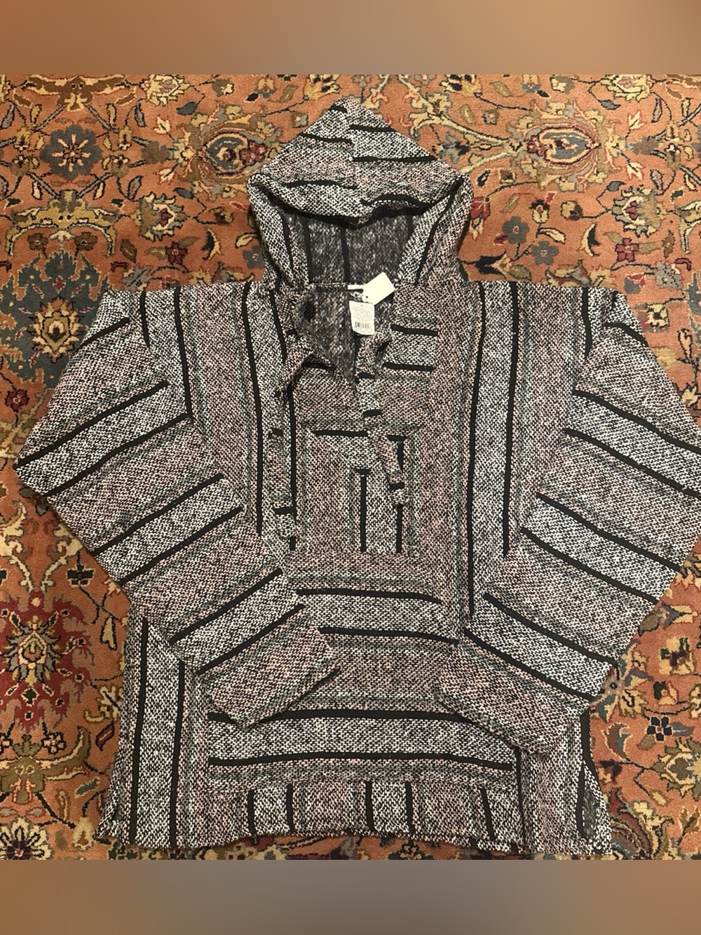 MEXICANA Striped Hooded Baja Pullover - Black and Cream